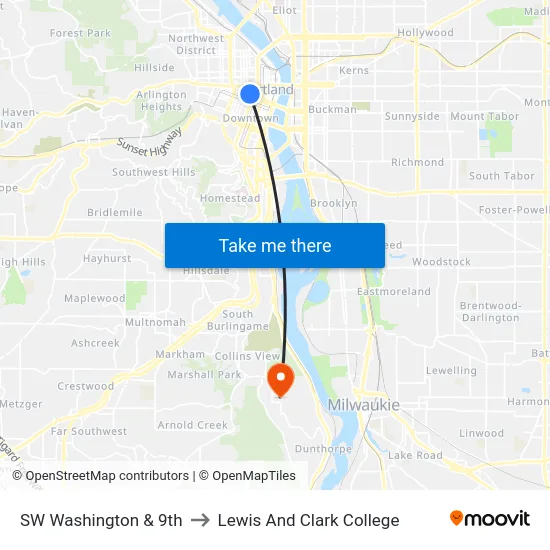 SW Washington & 9th to Lewis And Clark College map