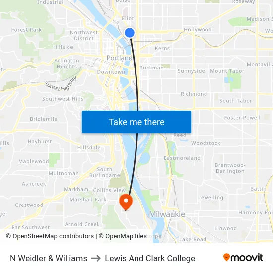 N Weidler & Williams to Lewis And Clark College map