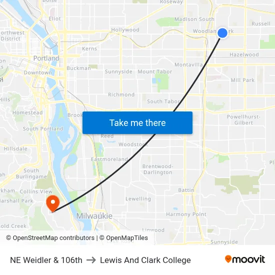 NE Weidler & 106th to Lewis And Clark College map