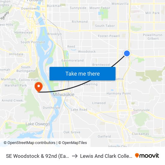 SE Woodstock & 92nd (East) to Lewis And Clark College map