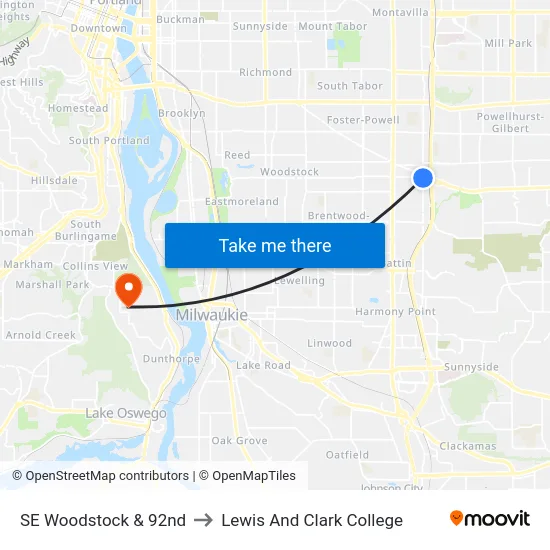 SE Woodstock & 92nd to Lewis And Clark College map