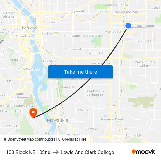 100 Block NE 102nd to Lewis And Clark College map