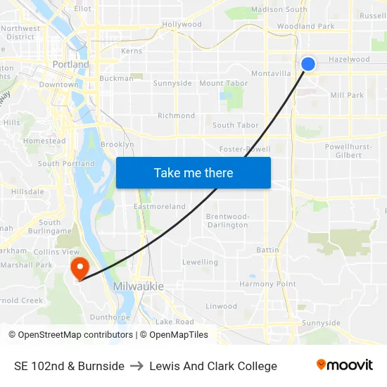 SE 102nd & Burnside to Lewis And Clark College map