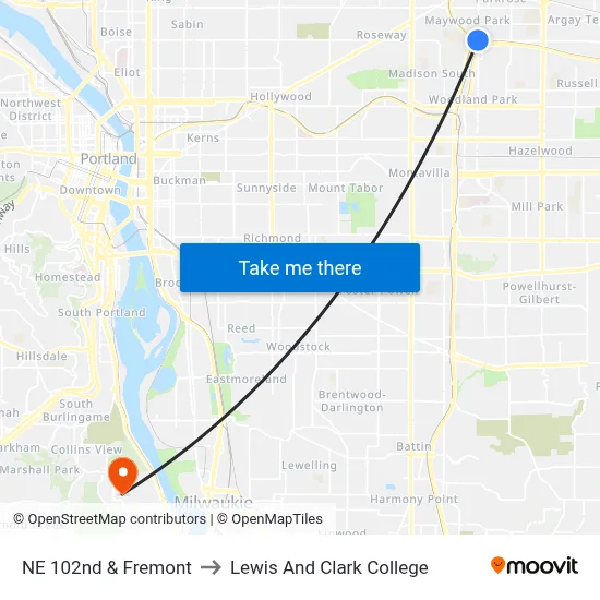 NE 102nd & Fremont to Lewis And Clark College map