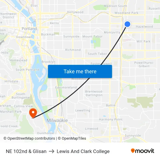 NE 102nd & Glisan to Lewis And Clark College map