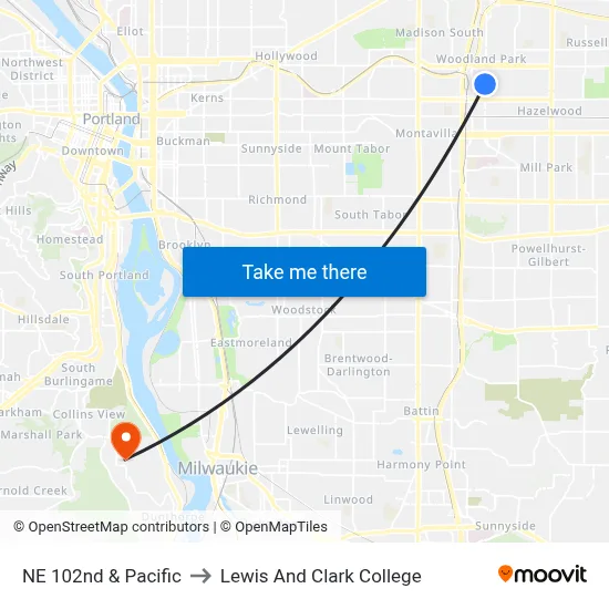 NE 102nd & Pacific to Lewis And Clark College map