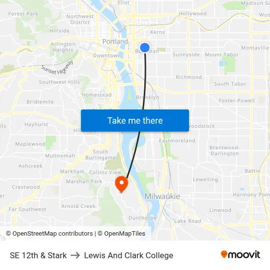 SE 12th & Stark to Lewis And Clark College map