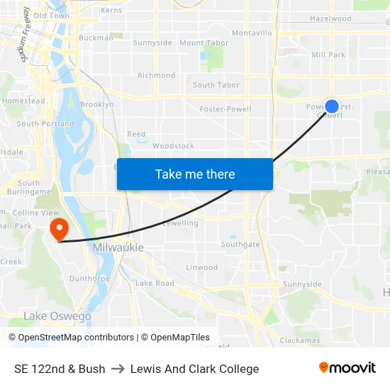 SE 122nd & Bush to Lewis And Clark College map