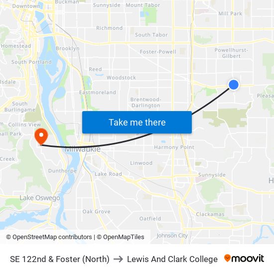 SE 122nd & Foster (North) to Lewis And Clark College map