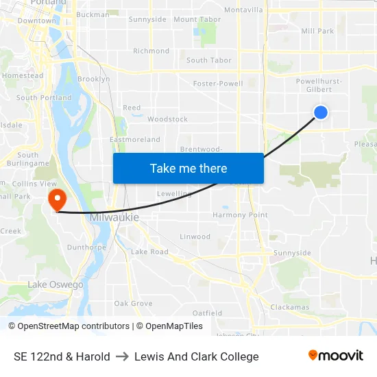 SE 122nd & Harold to Lewis And Clark College map
