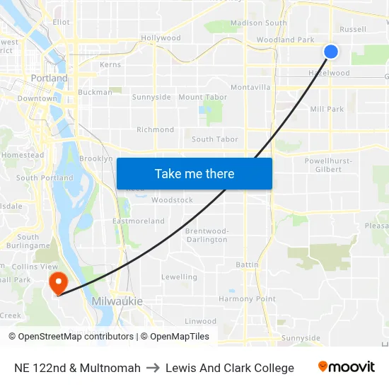 NE 122nd & Multnomah to Lewis And Clark College map