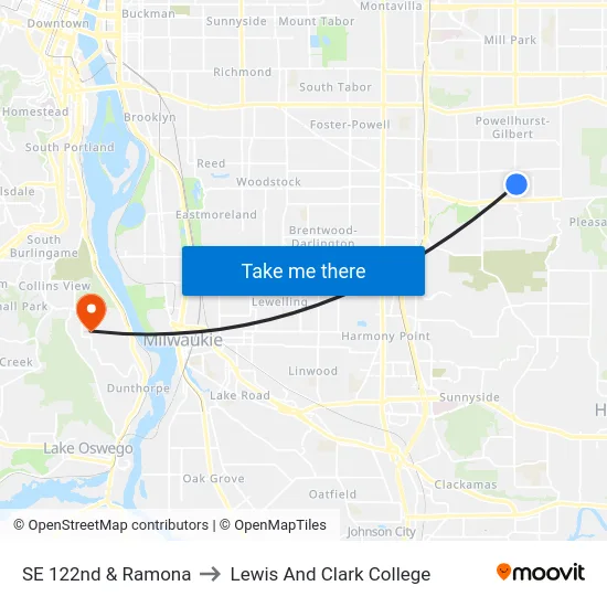 SE 122nd & Ramona to Lewis And Clark College map