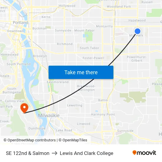 SE 122nd & Salmon to Lewis And Clark College map