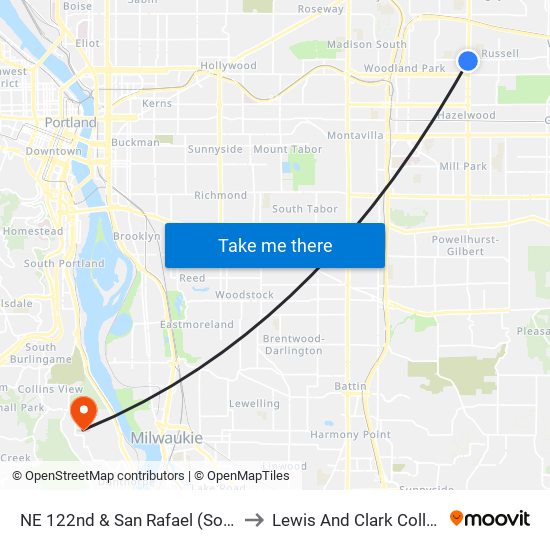 NE 122nd & San Rafael (South) to Lewis And Clark College map