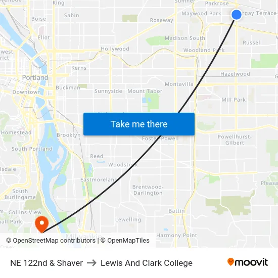 NE 122nd & Shaver to Lewis And Clark College map