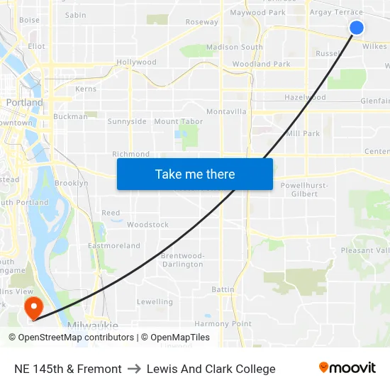 NE 145th & Fremont to Lewis And Clark College map