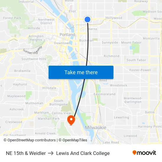 NE 15th & Weidler to Lewis And Clark College map
