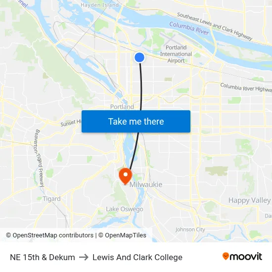 NE 15th & Dekum to Lewis And Clark College map