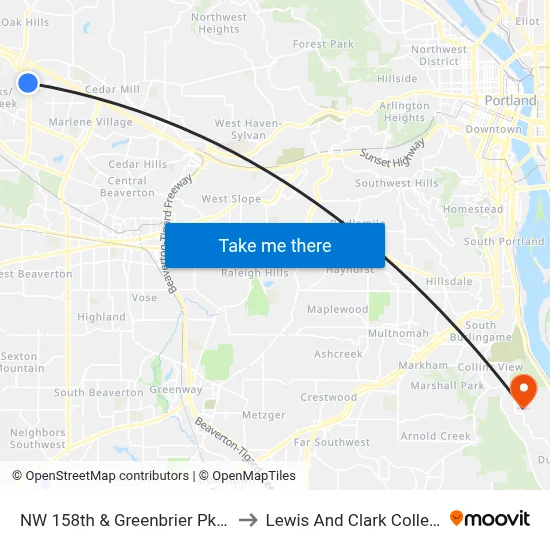 NW 158th & Greenbrier Pkwy to Lewis And Clark College map