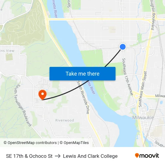 SE 17th & Ochoco St to Lewis And Clark College map