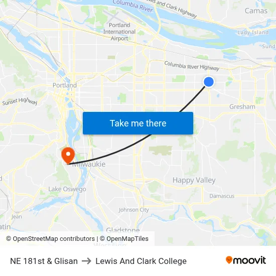 NE 181st & Glisan to Lewis And Clark College map