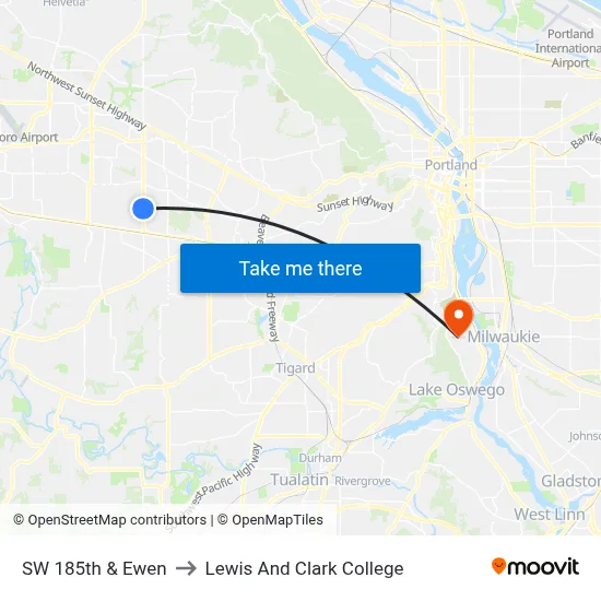 SW 185th & Ewen to Lewis And Clark College map