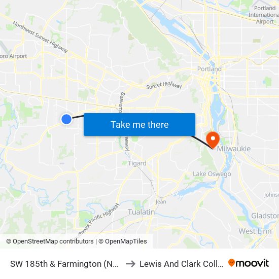 SW 185th & Farmington (North) to Lewis And Clark College map