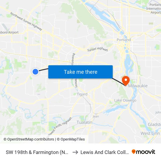 SW 198th & Farmington (North) to Lewis And Clark College map