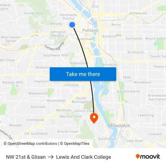 NW 21st & Glisan to Lewis And Clark College map