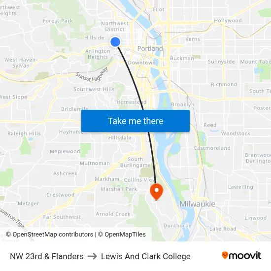 NW 23rd & Flanders to Lewis And Clark College map