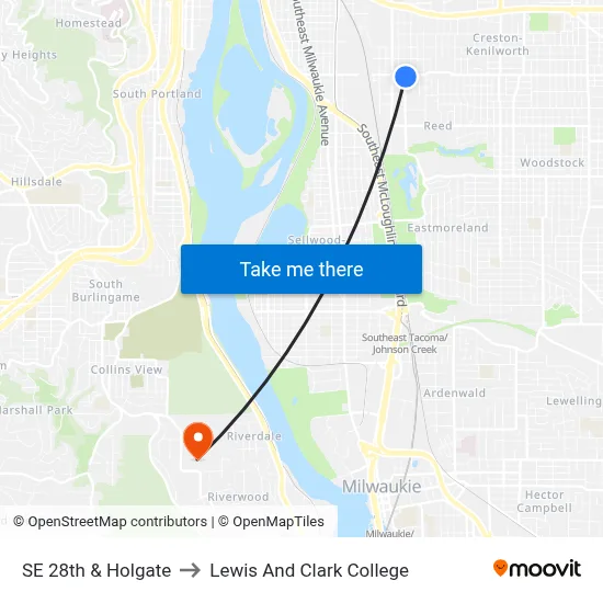 SE 28th & Holgate to Lewis And Clark College map