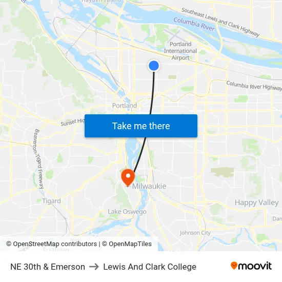 NE 30th & Emerson to Lewis And Clark College map