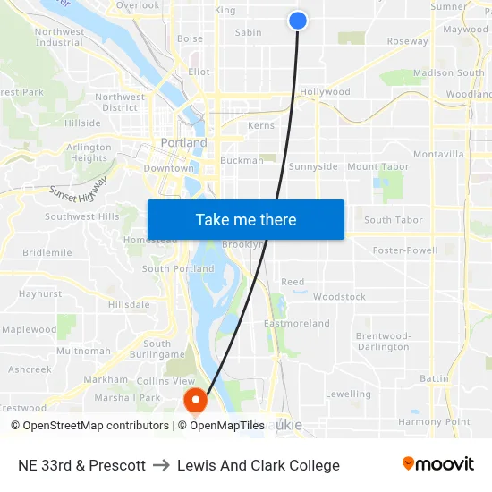 NE 33rd & Prescott to Lewis And Clark College map