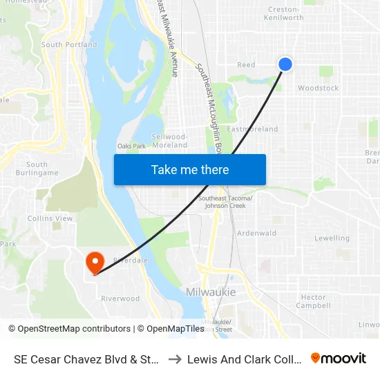 SE Cesar Chavez Blvd & Steele to Lewis And Clark College map