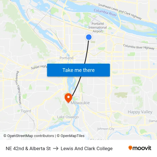 NE 42nd & Alberta St to Lewis And Clark College map