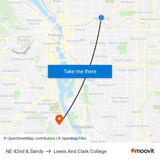 NE 42nd & Sandy to Lewis And Clark College map