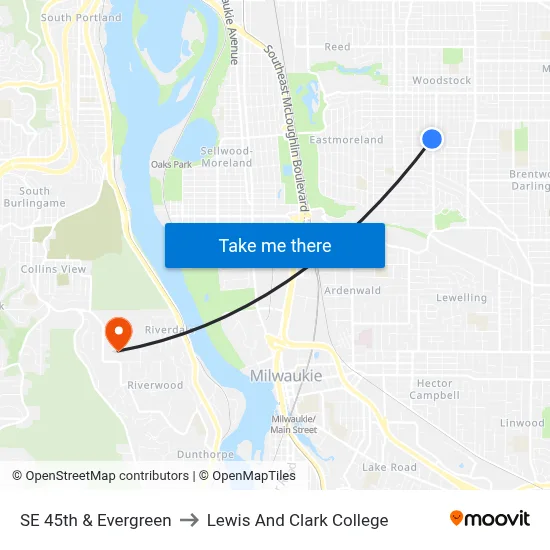 SE 45th & Evergreen to Lewis And Clark College map