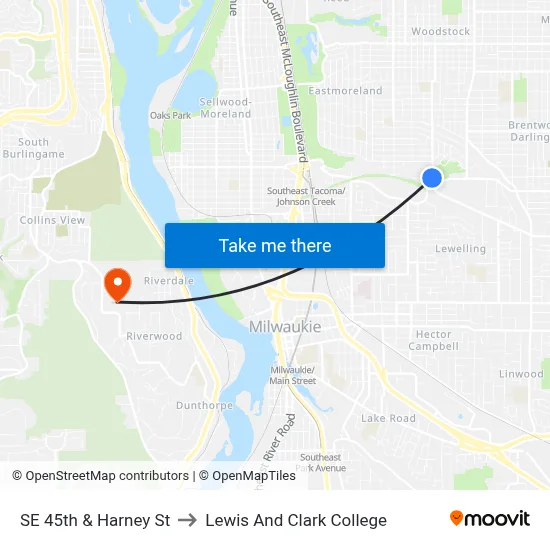 SE 45th & Harney St to Lewis And Clark College map