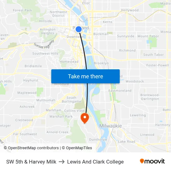 SW 5th & Harvey Milk to Lewis And Clark College map