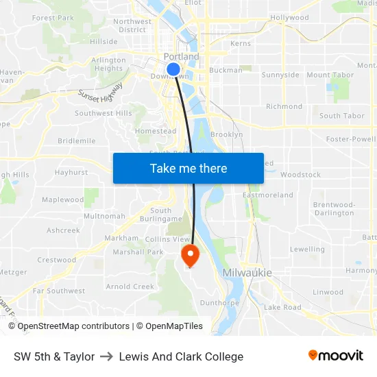 SW 5th & Taylor to Lewis And Clark College map