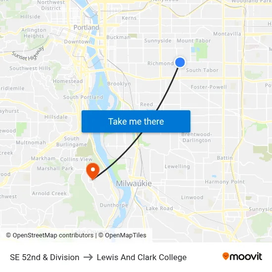 SE 52nd & Division to Lewis And Clark College map