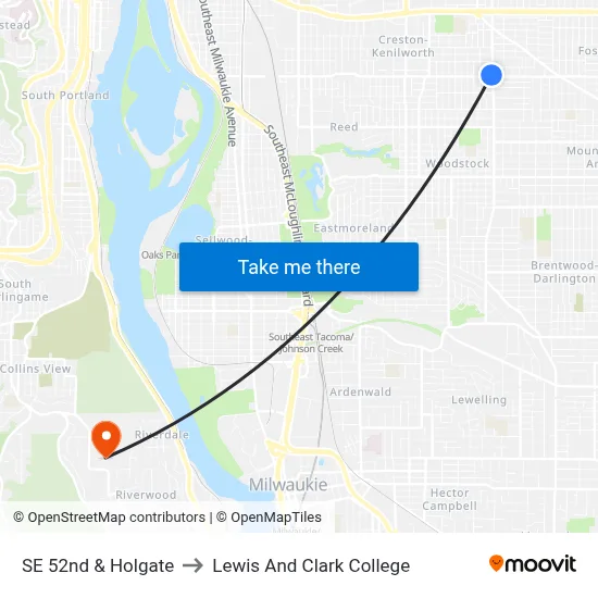 SE 52nd & Holgate to Lewis And Clark College map