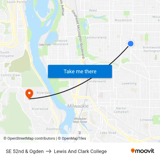 SE 52nd & Ogden to Lewis And Clark College map