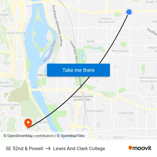 SE 52nd & Powell to Lewis And Clark College map