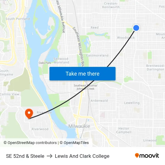 SE 52nd & Steele to Lewis And Clark College map