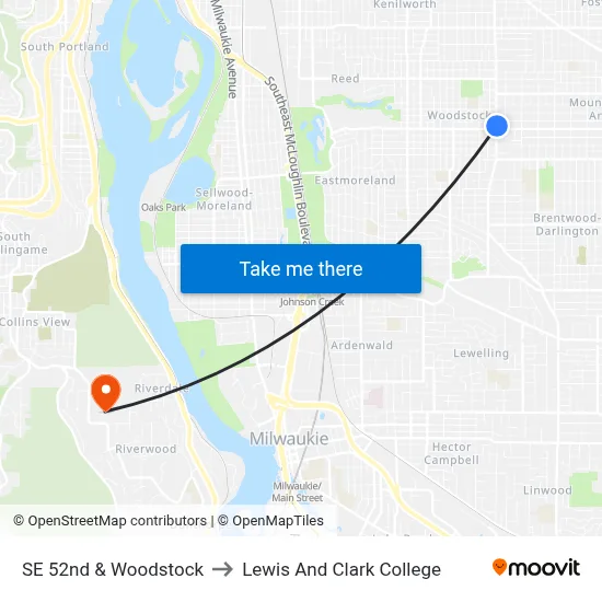 SE 52nd & Woodstock to Lewis And Clark College map