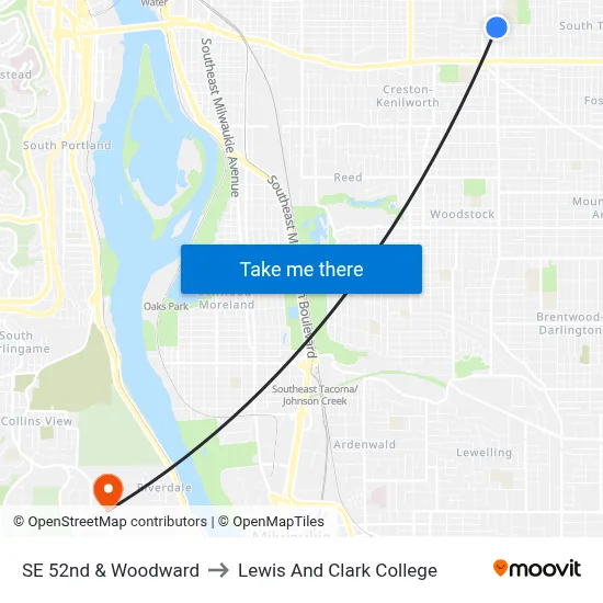 SE 52nd & Woodward to Lewis And Clark College map