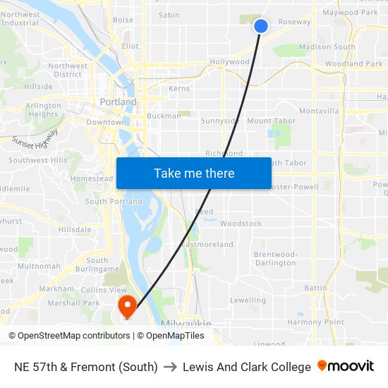 NE 57th & Fremont (South) to Lewis And Clark College map