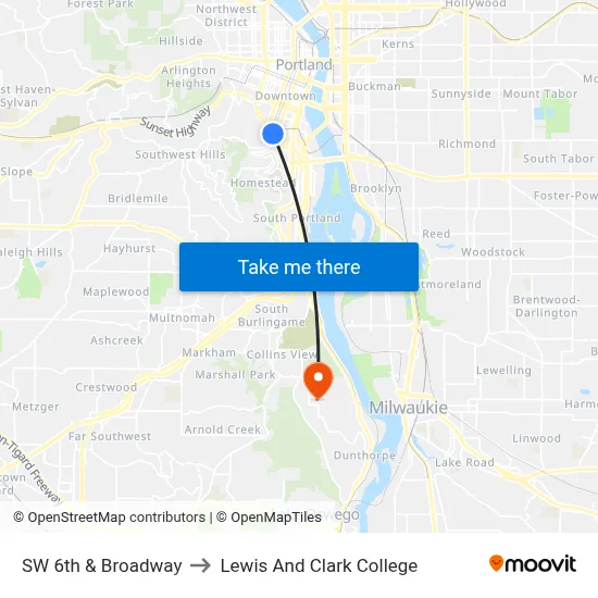 SW 6th & Broadway to Lewis And Clark College map