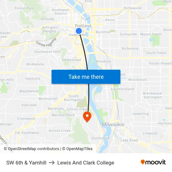 SW 6th & Yamhill to Lewis And Clark College map